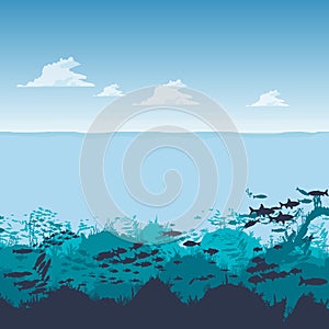 Silhouette of fish and algae on the background of reefs. Underwater ocean scene. Deep blue water, coral reef and underwater plants